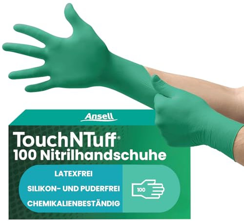 Ansell TouchNTuff 92-605 Guanti Monouso in Nitrile, Senza Polvere, Alta Resistenza Chimica e Meccanica, Protezione degli Alimenti, Usi Professionali e Industriali, Verde, Taglia L (100 Guanti)
