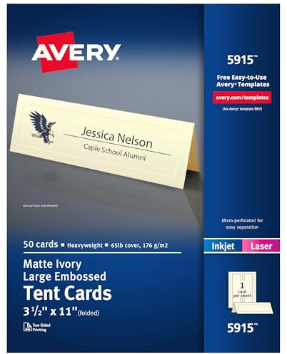Avery Bedruckbare Zeltkarten, 8,9 x 27,9 cm, elfenbeinfarben mit geprägtem Rand, 50 leere Tischkarten für Laser- oder Tintenstrahldrucker (5915)