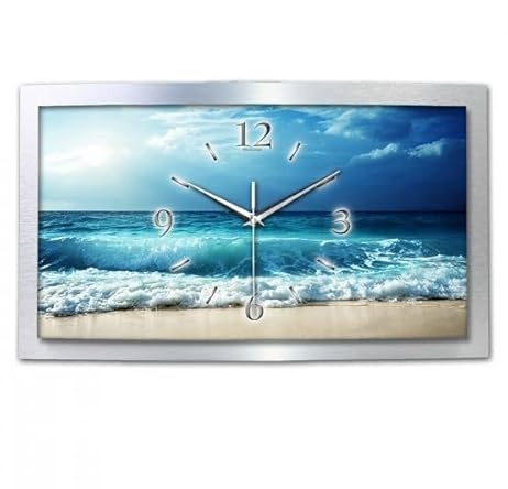 Kreative Feder 3D Designer-Wanduhr Ocean in modernem Metallic-Design; leise Funkuhr mit Meer Motiv wahlweise in Zwei Größen (WAA056, 50x30cm; leises Funkuhrwerk)