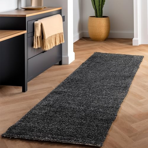 SIMPEX Shaggy Hochflor Teppich, 80x250 cm, Anthrazit, weich, flauschig, modern, einfarbig, Für schmale Räume oder Küche, für Wohnzimmer Schlafzimmer Flur