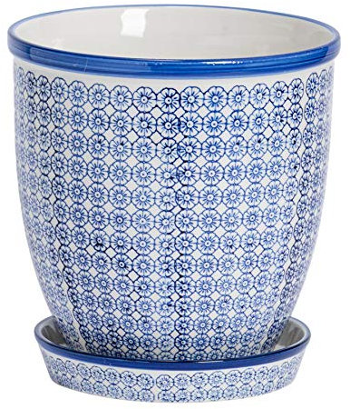 Nicola Spring Patterned Plant Pot with Saucer - Navy - 22cm Porcelain Indoor Ceramic Planter with Drainage Holes Outdoor Garden Flower Pots for House & Garden Flowers
