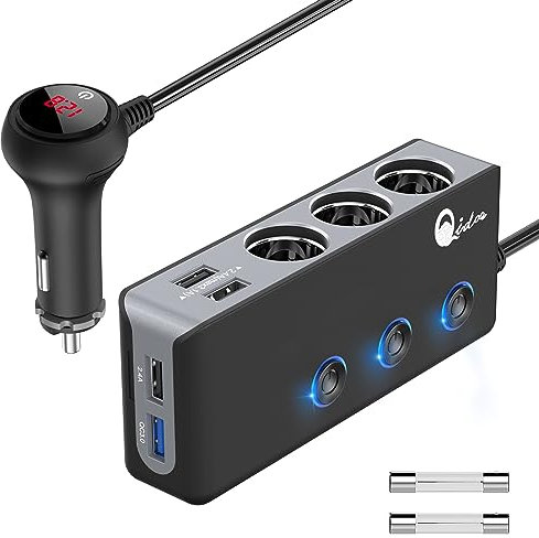 30W QC 3.0 Auto Ladegerät 3-Fach: Zigarettenanzünder Verteiler 12V USB Kfz Adapter 150W DC Mehrfach Steckdose Splitter mit Voltmeter Schalter 4 USB Anschlüsse für GPS DashCam iPhone iPad Android