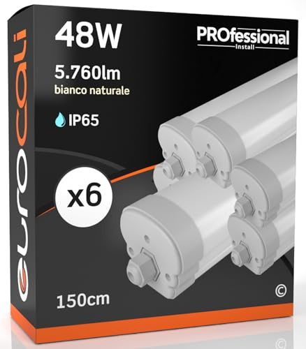 Eurocali 6x Plafoniere LED 48W 150cm Impermeabile IP65 5760 lumen - Forma: Tubo - Luce Bianco Naturale 4000K - Fascio Luminoso 120°