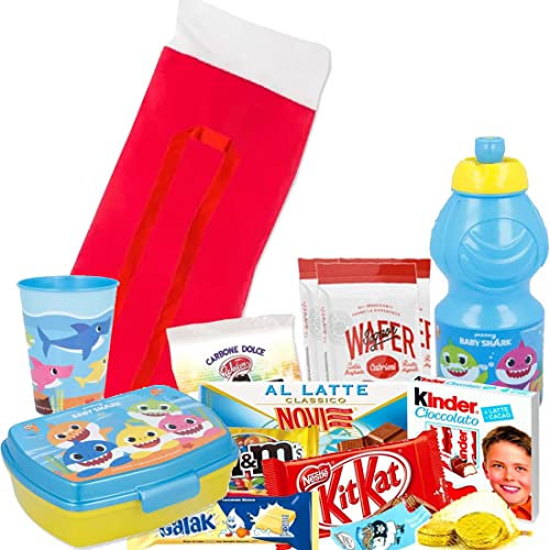 trp Calza della Befana con portamerenda boraccia e Bicchiere Regalo Fai da Te Personaggio a Scelta Bambini Bimbi Dono vecchina epifania Camino Carbone (Baby Shark)