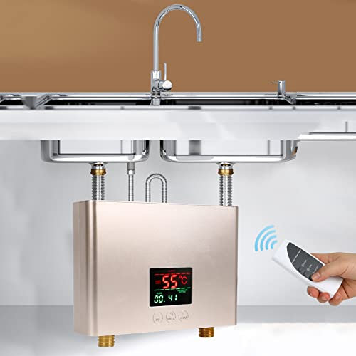 Tankless Durchlauferhitzer Elektrisch,CEIEVER Tankless Shower Warmwasserbereiter mit LED-Anzeige 220V 3000W Sofortiger elektrischer Durchlauferhitzer für die Dusche im Badezimmer (Gold)