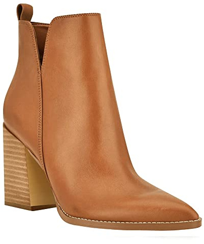 Juliet Holy Women's V Cut Ankle Boots Pointed Toe Stacked Chunky Heel Side Zipper Leather Cutout Western Booties