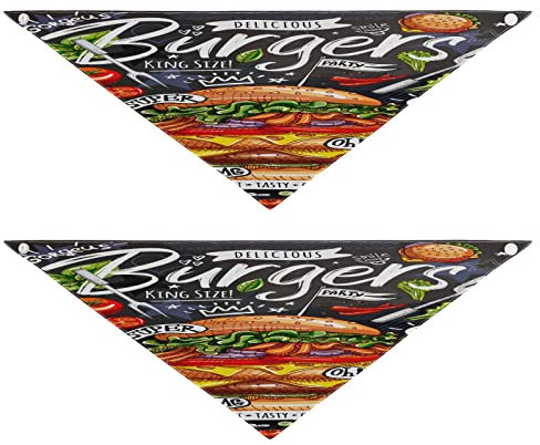 2 Stück Hundehalstücher Haustier Bandana Schal Druckknopf Dreieck Lätzchen Halstuch Set Haustier Urlaub Zubehör Dekor für kleine bis große Welpen Hunde Katzen Medium Food Poster Burger