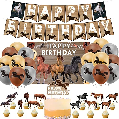 Pferd Geburtstag Party Zubehör Set Pferd Thema Banner Happy Geburtstag Ballon Cake Topper Cupcake Topper Hintergrund für Pferd Party Dekoration