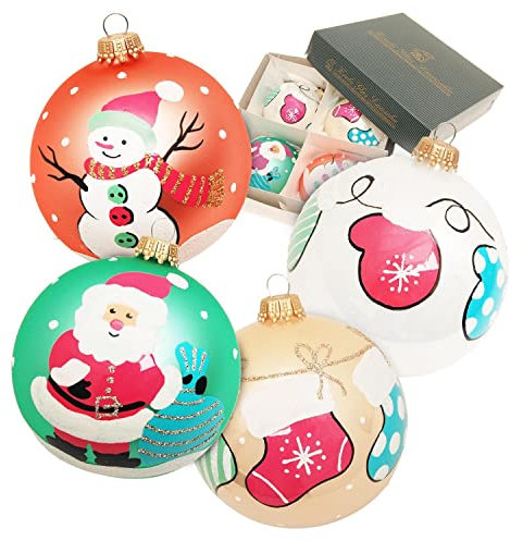 Dekohelden24 Lauschaer Christbaumschmuck - 4er Set Glaskugeln 50er Jahre Stil, mundgeblasen und handdekoriert verschiedenen Motiven, mit Goldkrönchen, Größe Ø ca. 8 cm