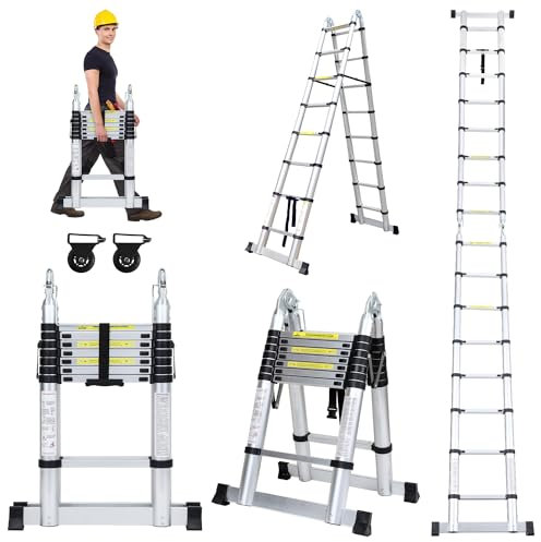Jopassy Escalera telescópica de 5 m (2,5 + 2,5), de Aluminio Antideslizante, Capacidad de Carga de 150 kg/330 Libras, Escalera Extensible, Escalera