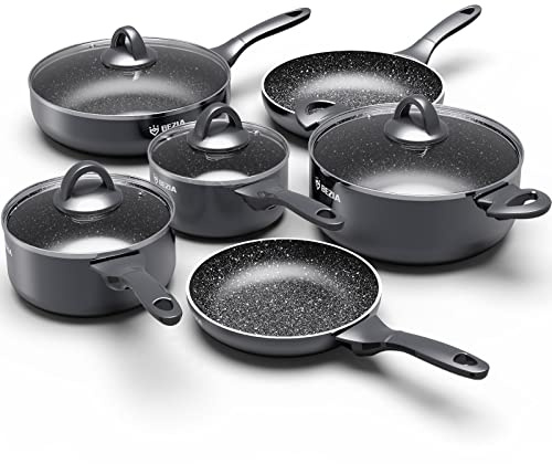 BEZIA Induktions-Kochgeschirr-Set 10-teilig, spülmaschinenfest, antihaftbeschichtet, Bakelit-Griff, kratzfeste Küchensets mit Bratpfannen, Stieltöpfen und Suppentopf (schwarz)