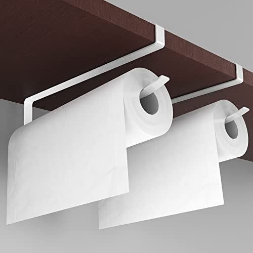 Paper Roll Holder, KIKISML 2 Pack Paper Towel Holder Cabinet Hanging Kitchen Roll Hanger Dispenser Storage Rack Towel Necktie Bedroom Toilet Organization Storage [No Drilling No Tool Required], White