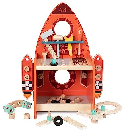 Classic World Werkbank Kinder Rakete ab 3 Jahre | Kinder Werkzeugbank mit 51 Teilen | Spieltisch Kinder mit Werkzeugkasten Kinder | Werkzeug Kinder ab 3 Jahre | Kinderspielzeug ab 3 Jahre