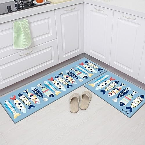 Tapis de Cuisine Le Poisson Bleu Tapis Cuisine Devant Evier Long Antidérapant et Lavable Ensemble Universel Salon Couloir Douche Entree Porte