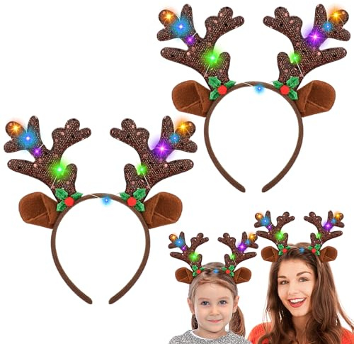 Hifot 2 Stück Rentier Haarreif LED Erwachsene Kinder,Geweih Haarreif Haarreifen Weihnachten Reh Haarreif Weihnachts Accessoires Led Haarschmuck für Weihnachten Kostüme Zubehör Cosplay Karneval Party