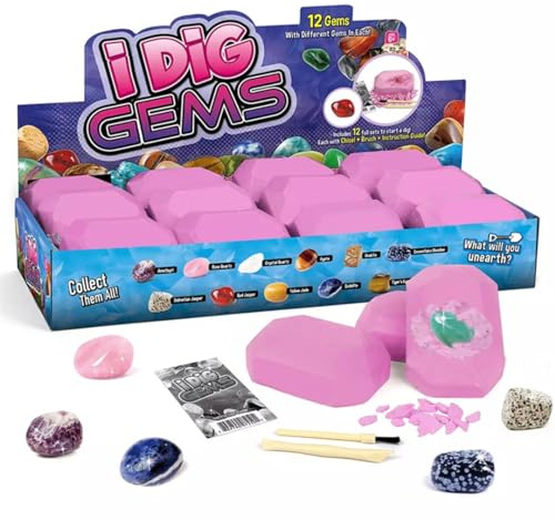 Liberty Imports 12-Pack Gem Digging Kit for Kids - Exciting Gemstone Mining Adventure - Educational STEM Crystal and Mineral Excavation – Party Favor Science Toys