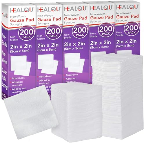 HEALQU 1000 Gauze Pads 2x2 - Soft Non-Woven 4-Ply for Tooth Extractions and Dental Procedures - Non-Sterile Square Sponges for First Aid, Surgical, & Wound Dressing (5 Packs of 200)