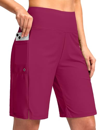 G Gradual Women's 9 Long Swim Board Shorts with Pockets High Waisted Knee Length Beach Swimming Shorts for Women with Liner(Plum,M)
