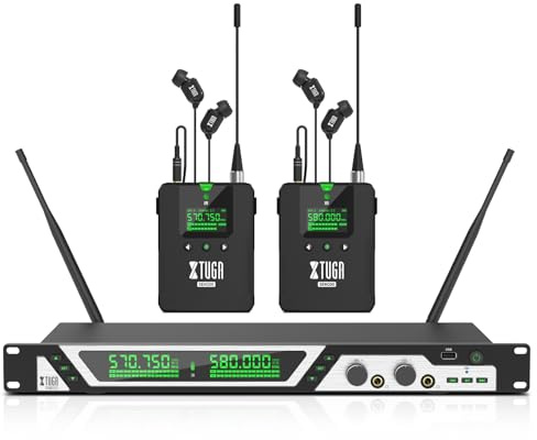 XTUGA SEM200 2 Kanal Stereo Wireless In Ear Monitor System 2 Wiederaufladbare Bodypacks UHF Bühnenüberwachung mit Bluetooth Wireless In Earphone für Studio (2 Empfänger + 1 Sender)
