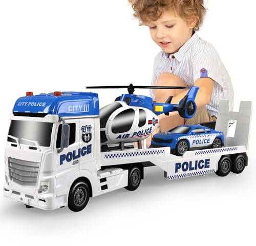 Dwi Dowellin Toddler Boy Toys for 3 4 5 6 Year Old, 25 Semi Truck Toy with Racing Car and Helicopter - Police Toys,Birthday Gifts for Kids Child 2 3 4 5 6 Years Old
