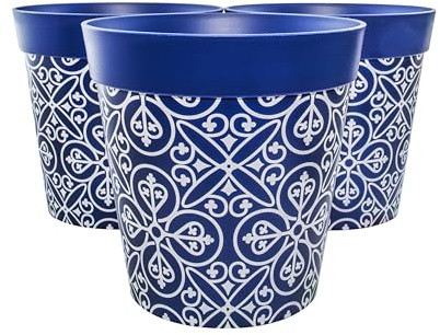 Hum blomkrukor, 25 cm set med 3, olika mönster färger och storlekar, inomhus/utomhus plastväxtkrukor (blå marock)