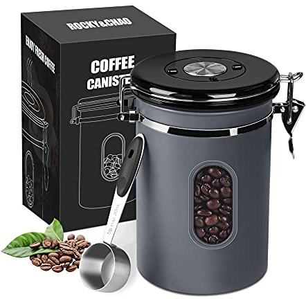 ROCKY&CHAO Boîte à café hermétique en acier inoxydable 1,5 L - Conteneur pour café en grains 500 g, contenant pour thé, noix, cacao - Plus long et reste frais (Gris)