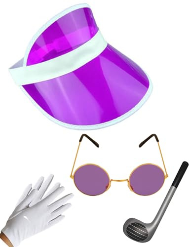 labreeze Neon Sun Visor Hat Inflatable Golf Club White Gloves Gold Frame Glasses Adults Unisex 1980’s Poker Fancy Dress Set (Purple)