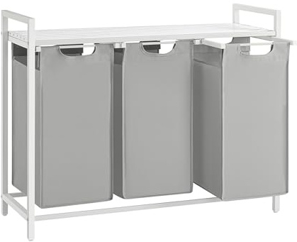 VASAGLE Cesto Portabiancheria, Porta Biancheria, 3 Sacchi in Tessuto Oxford Estraibili e Rimovibili, Piano d’Appoggio, Struttura Metallo, 3 x 38 L, 92,5 x 33 x 72 cm, Grigio Tortora BLH301W03