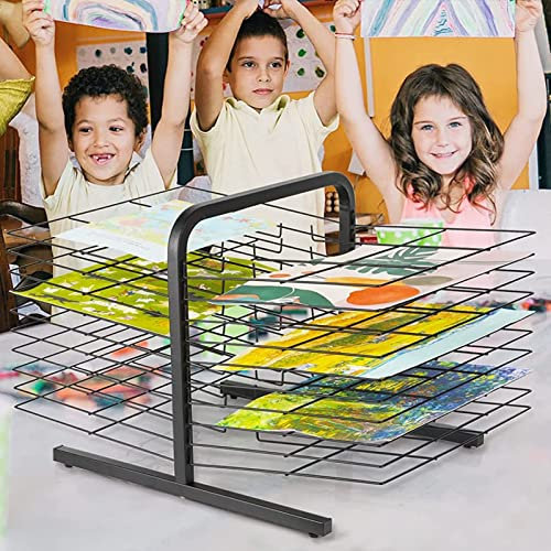 QUSYZD Tisch-Kunst-Trockenständer für Gemälde im Klassenzimmer, Kunsthandwerk/A3-Kunstwerk, Aufbewahrungsständer für Kunstwerke aus Metall und Stahl mit 20 Regalen für Schulen u,