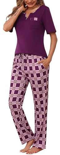 Bresdk Pyjamas, dam, kortärmad, pyjamasöverdelar, långa pyjamasbyxor, nattkläder, lila, XL