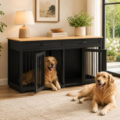 Hundebox Möbel mit Schubladen, große Hundehütte aus Holz, 164 cm | Große Hundebox Möbel Holz Hundehütte Innenbereich Metallgitter Rahmen 2 Schubladen Multifunktionaler Beistelltisch