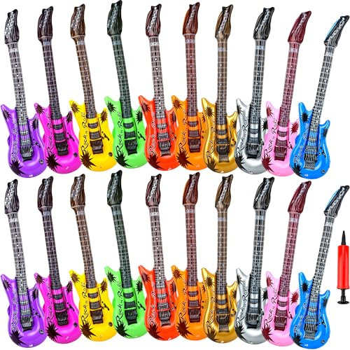 20 Pcs 36 Inch Inflatable Guitar Blow Up Guitars Reusable Inflatable Guitar Toys Rock Star Musical Props Assorted Colors with 1 Red Air Pump for Kids Birthday Karaoke Themed Party