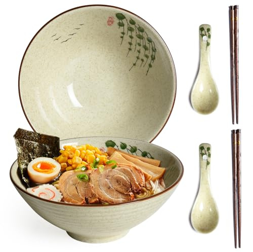 HLWDXno1 Ramen Schüssel Set mit 2 Keramik-Nudelschalen mit Essstäbchen und Löffeln, 1200 ml, große Suppenschüsseln, japanischer Stil, Retro-Porzellan, Mikrowellengeschirr, Ramen-Geschenk-Set für