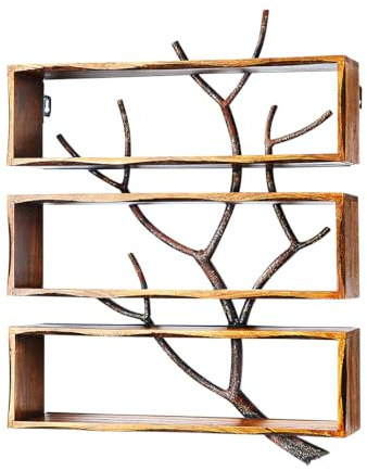 Kobolo Wandregal Hängeregal Bücherregal -AST Zweig- 3 Rahmen - 64x18x87 cm - Eisen Holz