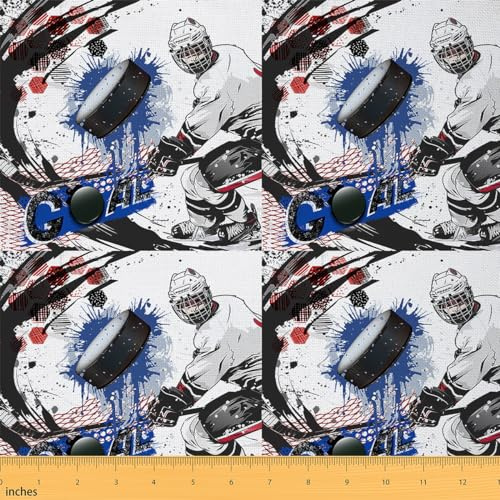 Loussiesd Jungen Eishockey Stoff 92x150cm Hockey Spieler Dekorative Patchwork Stoffe Wintersport Hobby Stoff Meterware für Stühle Schwarz Blaue Krawatte Färbung Wabe Stoffpaket