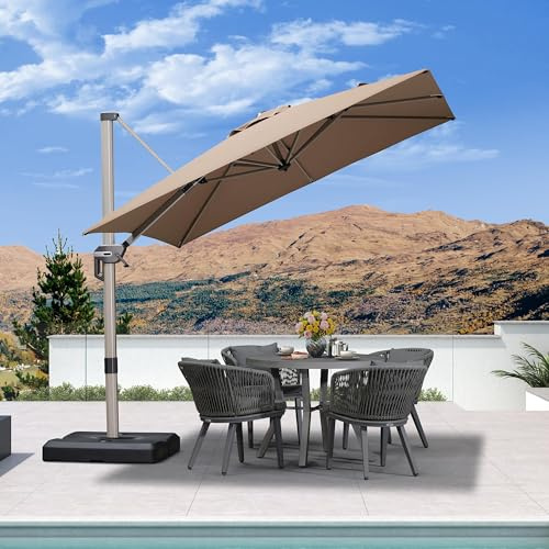 PURPLE LEAF Parasol 2,5 x 2,5 m Aluminium Champagne Rotatif 360°, Taupe | Avec base en croix, Disponible en 5 hauteurs, Protection UPF 50+, Tissu résistant aux UV et anti-décoloration, Hôtel,Terrasse