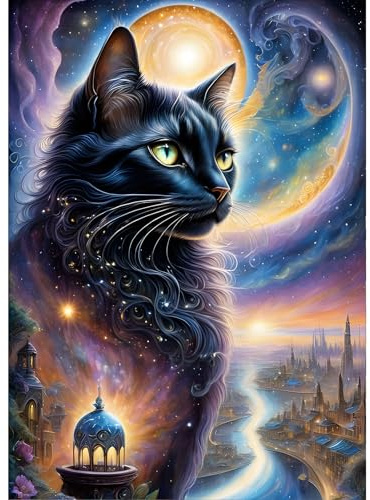 GDYEEH Schwarze Katze Diamond Painting Erwachsene, 5D Katze Diamant Kunst Bilder Anfänger, DIY Sternenhimmel Runder Vollbohrer Diamanten Malerei Stickerei Kreuzstich Geschenke Home Wand Dekor 30x40cm