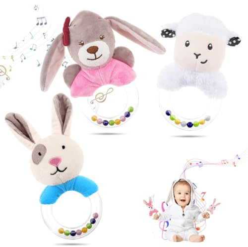 HAGOT 3 Piezas Sonajero Bebe, 0 a 12 Meses Juguetes Sonajero, Juguetes de Animales con Forma de Peluche, Sonajeros y Mordedores Bebe, Regalos Bebes Recien Nacidos Originales, A