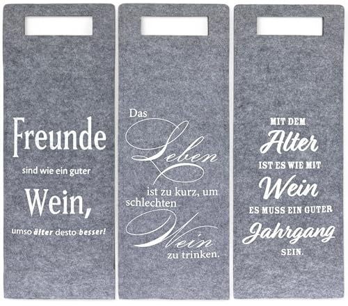 MIJOMA Flaschengeschenktaschen aus Filz, 3er-Set, stilvolle Wein-Geschenktasche mit Sprüchen, 40 x 14 cm, Grau mit Griff, ideal für Weinflaschen