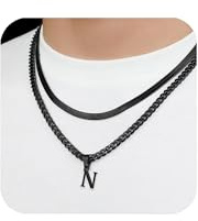 2 Stück Kette für Jungen und Herren, Buchstaben A-Z, Edelstahl Schmuck Geschenke Schwarz
