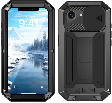 MIYIYQP Coque pour iPhone 16E 5G avec et béquille & CaméRa Coulissante Intégrée & Protecteur d'écran, Aluminium Métal Antichoc Militaire Heavy Duty Robuste Couverture Housse Coque (Noir)