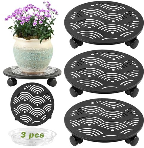 DEELF OUTLET 3 Packs 13.5 Large Metal Plant Caddy with Wheels Heavy-Duty Plant Dolly Pot Mover Rollers Rolling Plant Stands Indoor Outdoor Wheeled Plant Holder Coaster Trolley