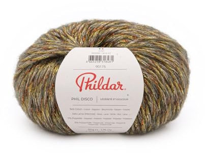 Phildar - Phil Disco - Strickwolle - 34% Baumwolle, 15% Polyamid, 34% Merinowolle, 17% Polyester - Nadel Nr. 5 - Farbe Khaki
