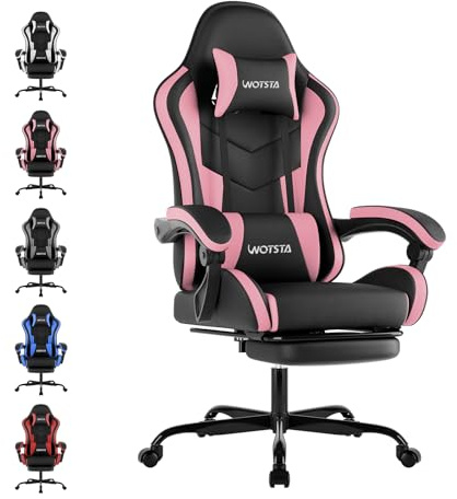 Gaming Chair with Footrest, Ergonomic Gaming Chair, Computer Chair with Lumbar Support, Head Rest, Height Adjustable PC Chairs with 360°-Swivel Seat for Office or Gaming, Black Pink