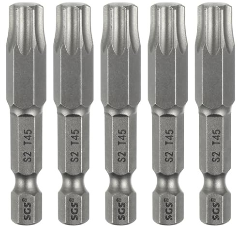 QUARKZMAN 5 stycken T45 Torx bit skruvmejsel bitsats 1/4 tum sexkantsskaft 50 mm (2 tum) lång magnetisk sexkant utan hål spets skruvmejsel borrbitar S2 stål för torxskruvar