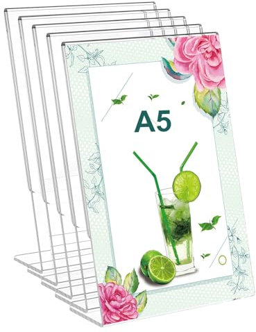 Expositor Metacrilato Transparente, A5 Soporte para Letreros de Acrílic, 5 Piezas Soporte A5, Soporte de Sobremesa Transparente, Soporte de Mesa de Acrílico para Carteles, para Oficina, Tienda