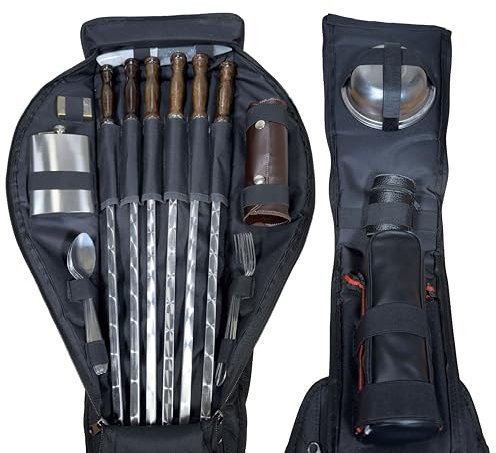 GOROCH Camping Geschirr Set im Rucksack für 6 Personen – Outdoor Picknick Set mit Besteck, Tellern, Bechern, Thermoskanne, Holzspießen, Keramikmesser & Feuerzeug – Ideal für Wandern, Fahrradtouren,