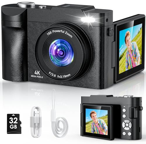 Appareil Photo Numérique, 4K 50MP Appareil Photo Compact avec Écran Rabattable 180° Caméra de Vlogging avec Carte 32GB, Zoom Numérique 16X pour Débutants, Adolescents