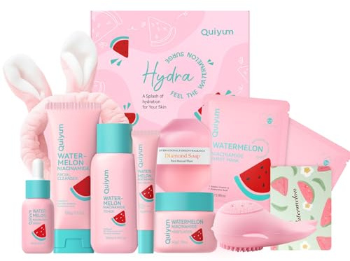 QUIYUM Watermelon Skin Care Kit for Teens Girl, 8 Daily Routine Beauty Skincare- Gift Set with Cleanser, Toner, Eye Cream, Moisturizer, Serum, Facial Mask, Soap, Hydrate, Oil control, Glow, Smooth