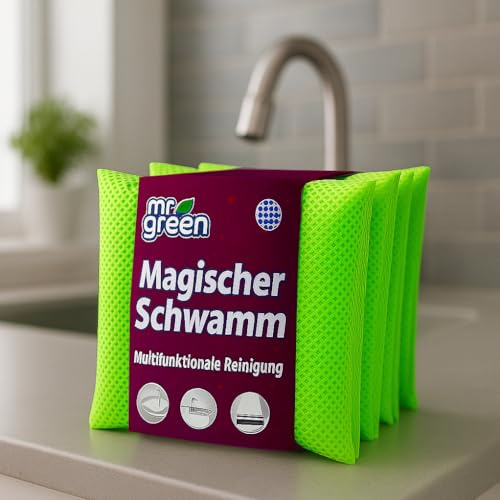 mr.Green – 4er Set Wiederverwendbare Schwämme – Waschbar, Langlebig, Geruchsneutral – Für Küche & Bad – Umweltfreundlich & Kratzfrei (Grün)